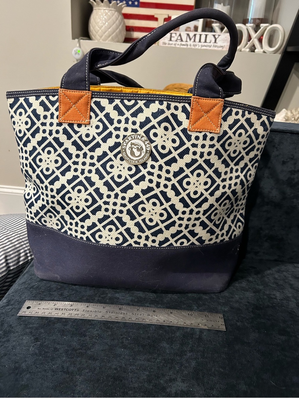 Spartina 449 Navy & Cream Patterned Tote Bag with Tan Accents